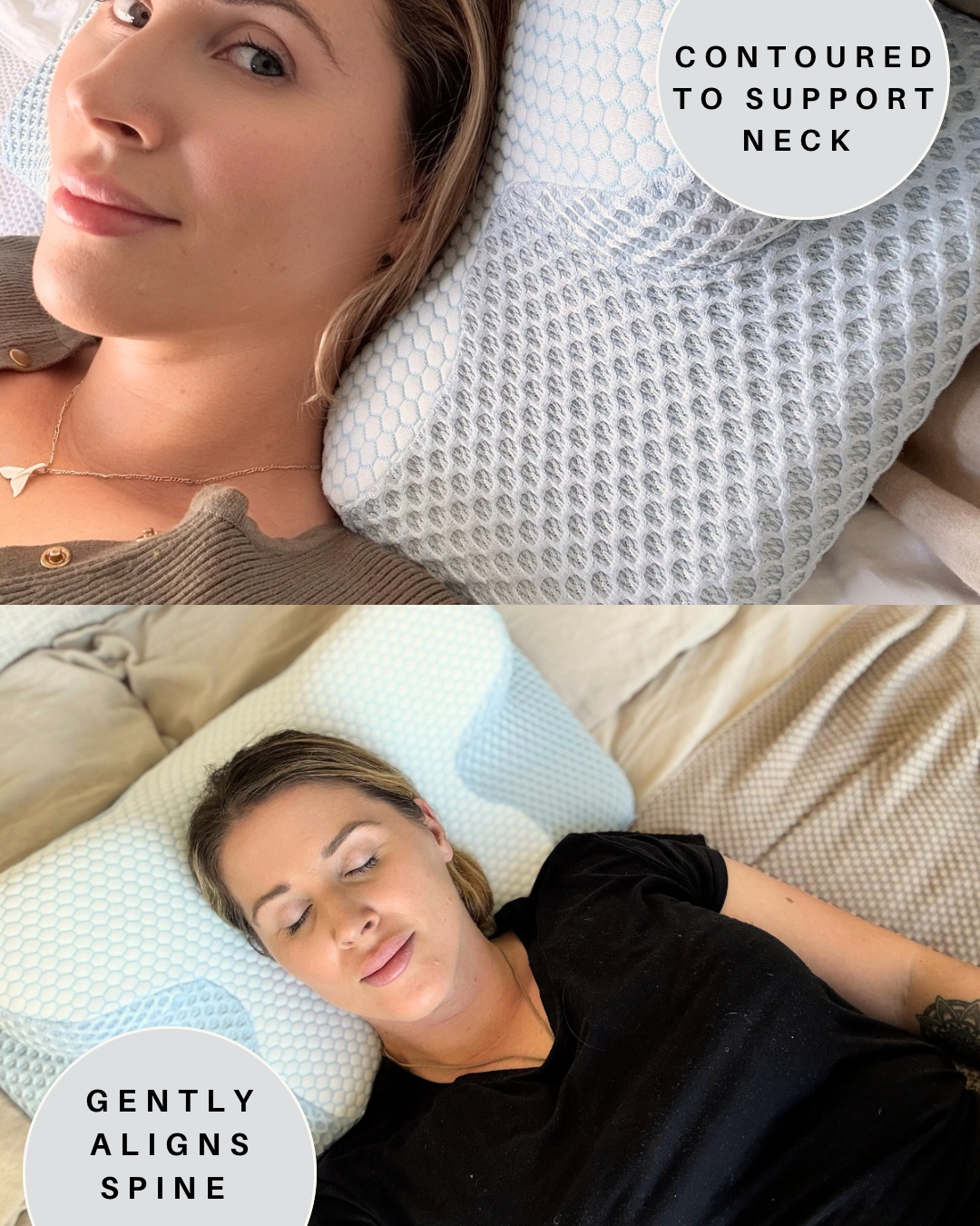 Woman lying down on memory foam pillow for joint pain