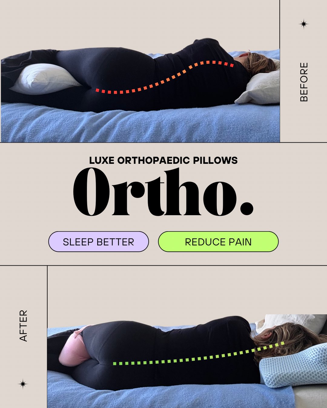 Visual demonstration on how ortho pillows improve spinal alignment and posture